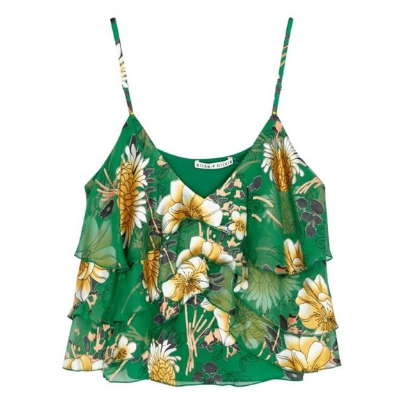 Alice + Olivia Tops - Alice & Olivia Vanessa Green Floral Silk Cami Size M Tiered Ruffle Top ASO TV